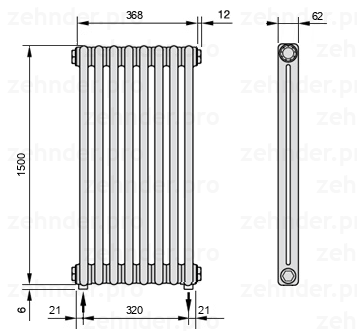 Схема (чертеж) Радиатор Zehnder Charleston 2150/8 №5310 Белый глянцевый RAL 9016